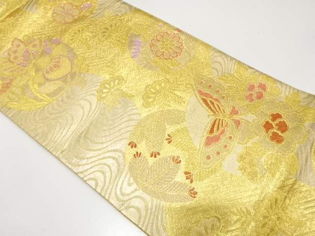 JAPANESE KIMONO / ANTIQUE FUKURO OBI / SILK / WOVEN STREAM & BUTTERFLY & PEONY & PINE & KIKU